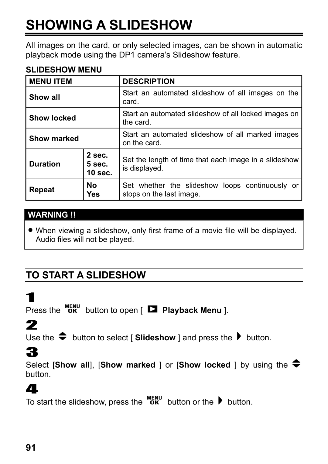 Sigma DP1 user manual Showing a Slideshow, To Start a Slideshow 