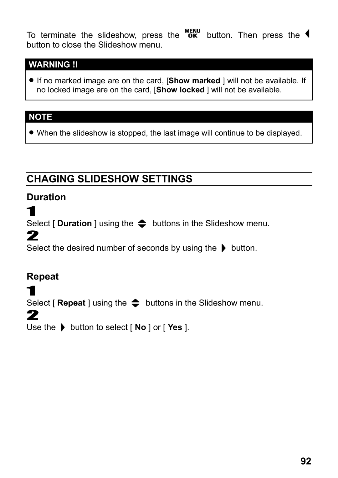 Sigma DP1 user manual Chaging Slideshow Settings, Duration 