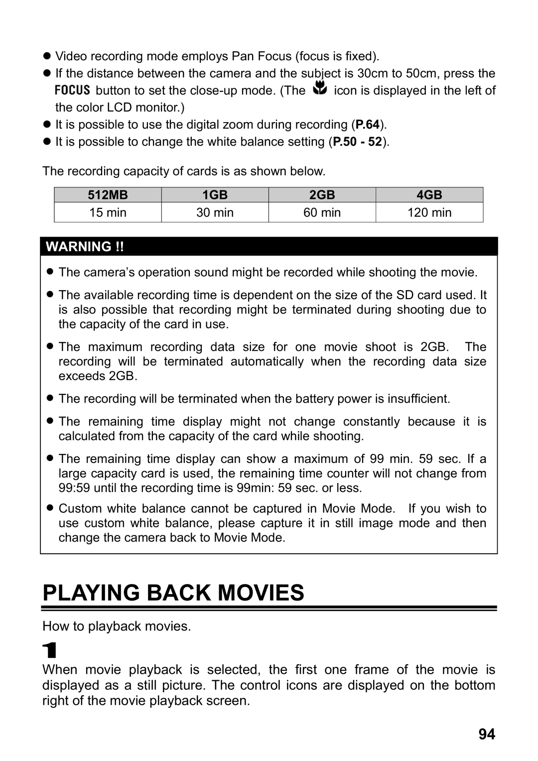 Sigma DP1 user manual Playing Back Movies, 1GB 2GB 4GB 