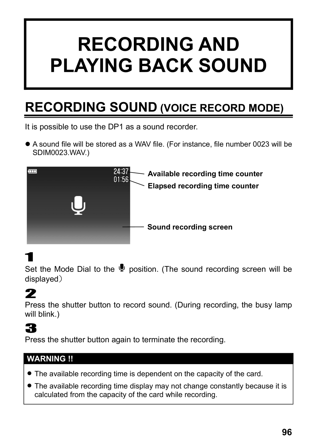 Sigma DP1 user manual Recording Playing Back Sound, Recording Sound Voice Record Mode 