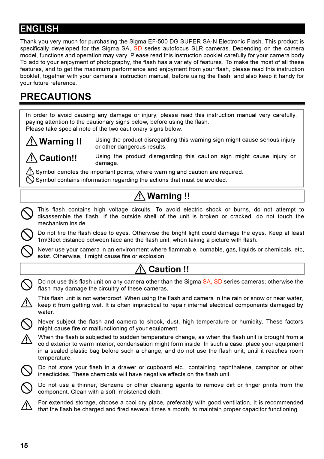 Sigma EF-500 manual Precautions 