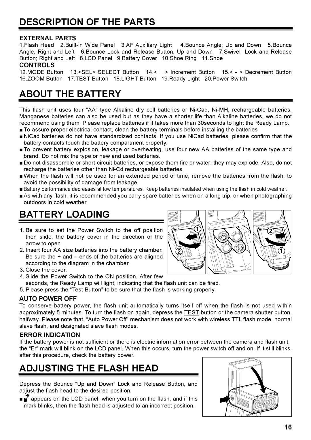 Sigma EF-500 manual Description of the Parts, About the Battery, Battery Loading, Adjusting the Flash Head 