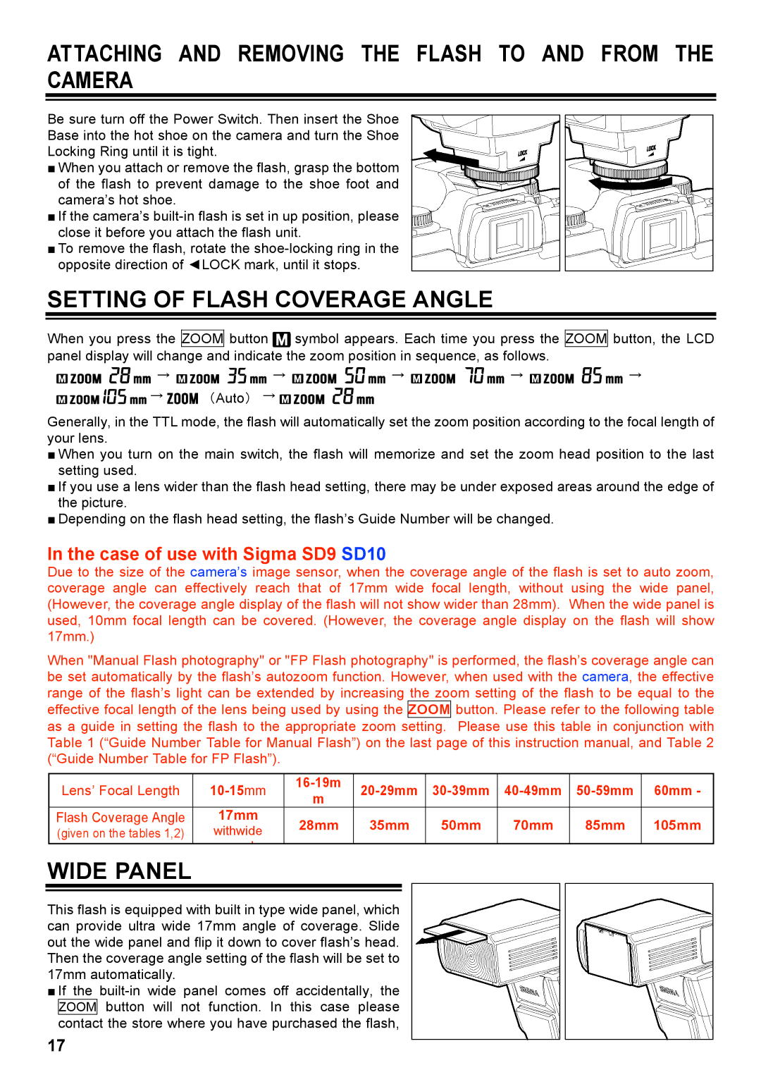 Sigma EF-500 manual Attaching and Removing the Flash to and from the Camera, Setting of Flash Coverage Angle, Wide Panel 