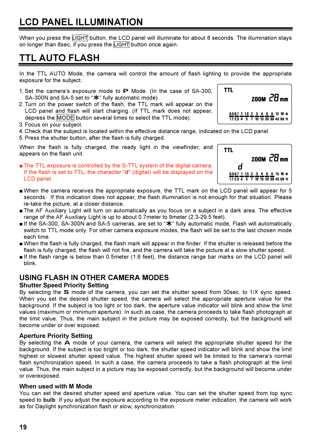 Sigma EF-500 manual LCD Panel Illumination, TTL Auto Flash, Shutter Speed Priority Setting, Aperture Priority Setting 