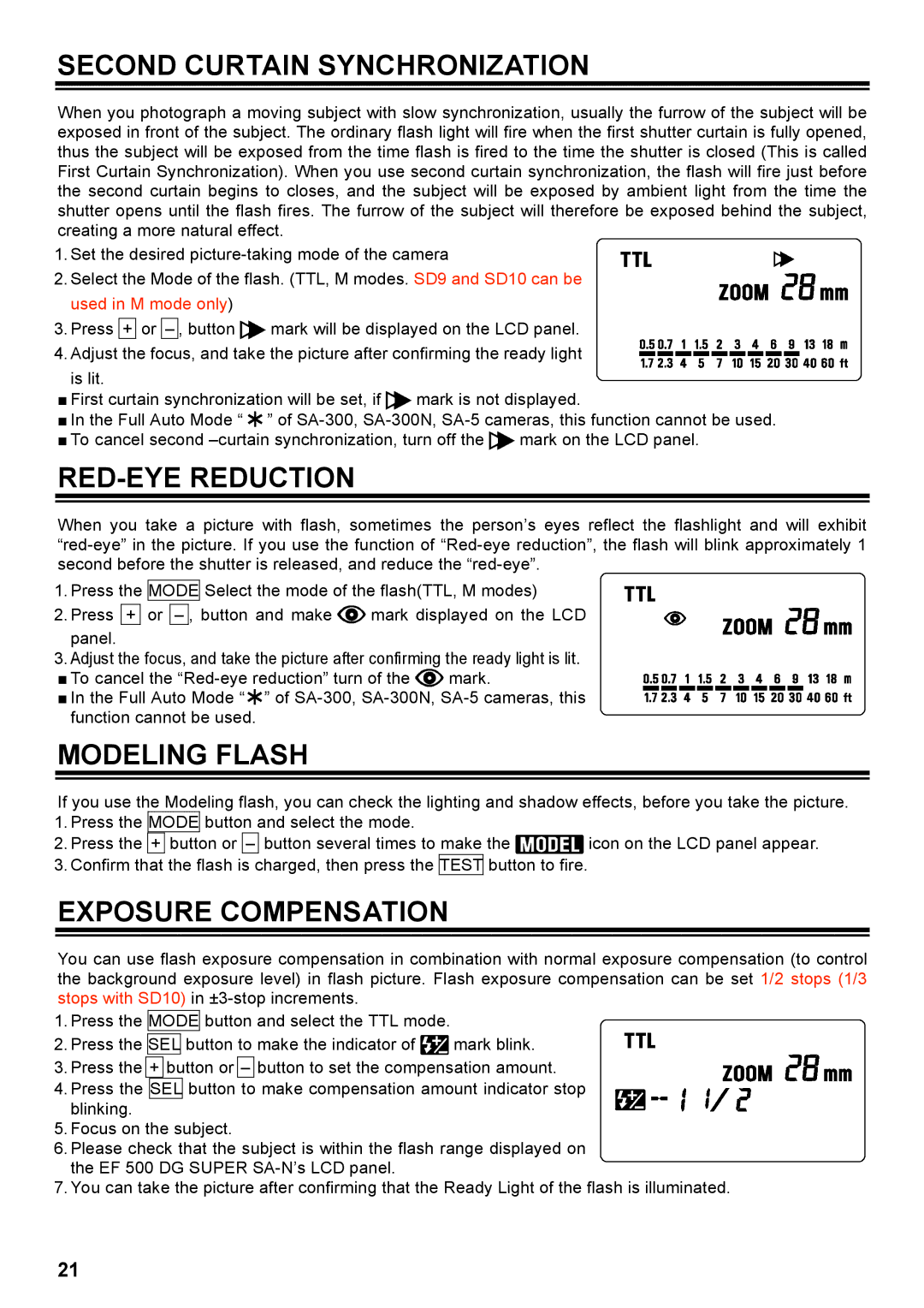 Sigma EF-500 manual Second Curtain Synchronization, RED-EYE Reduction, Modeling Flash, Exposure Compensation 