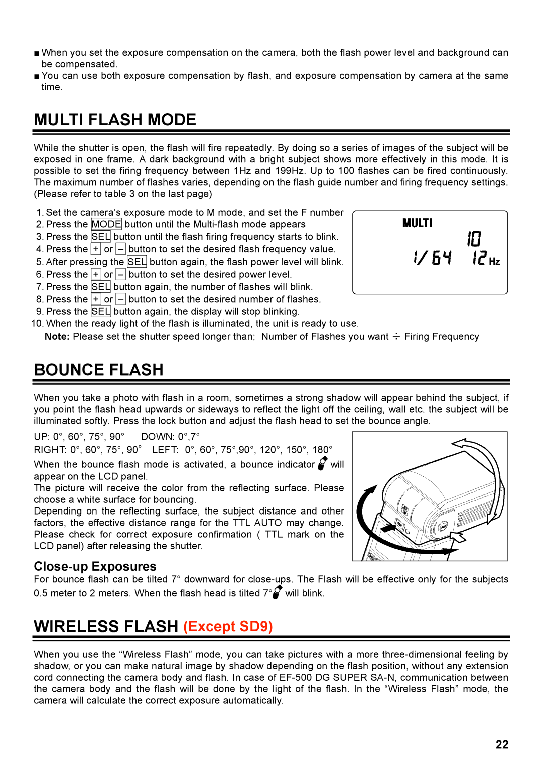 Sigma EF-500 manual Multi Flash Mode, Bounce Flash, Wireless Flash Except SD9, Close-up Exposures 