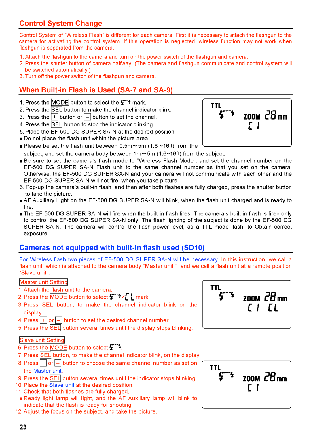 Sigma EF-500 manual Control System Change, When Built-in Flash is Used SA-7 and SA-9 