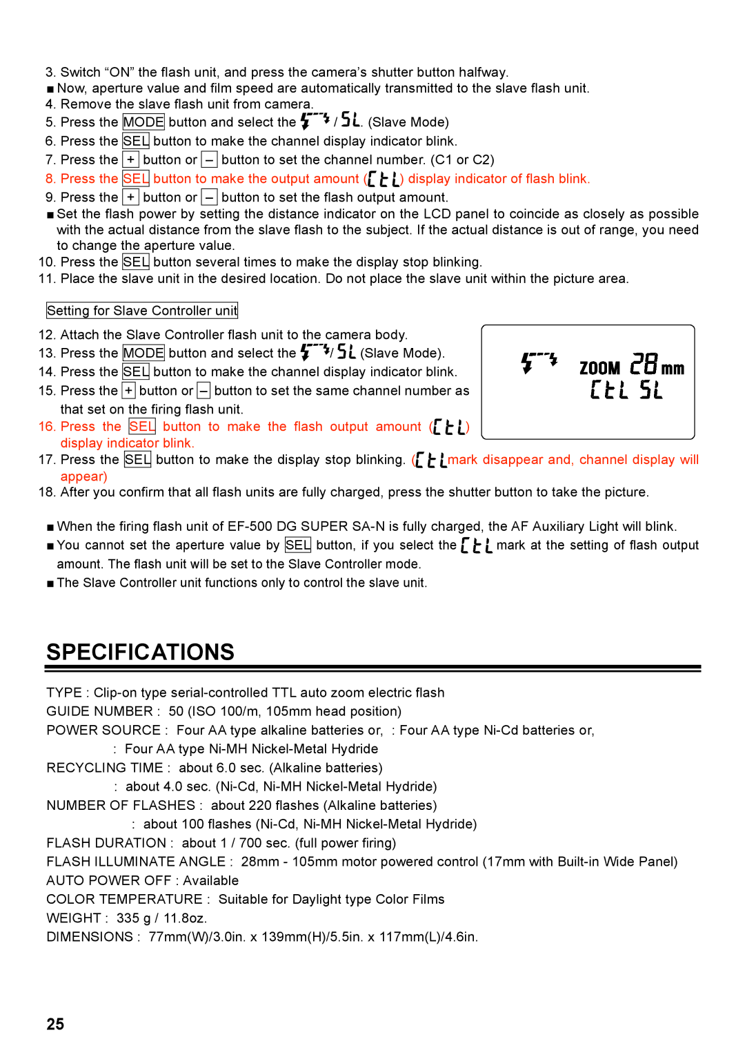 Sigma EF-500 manual Specifications 