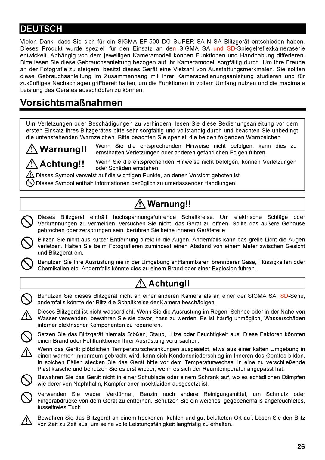 Sigma EF-500 manual Vorsichtsmaßnahmen, Deutsch 