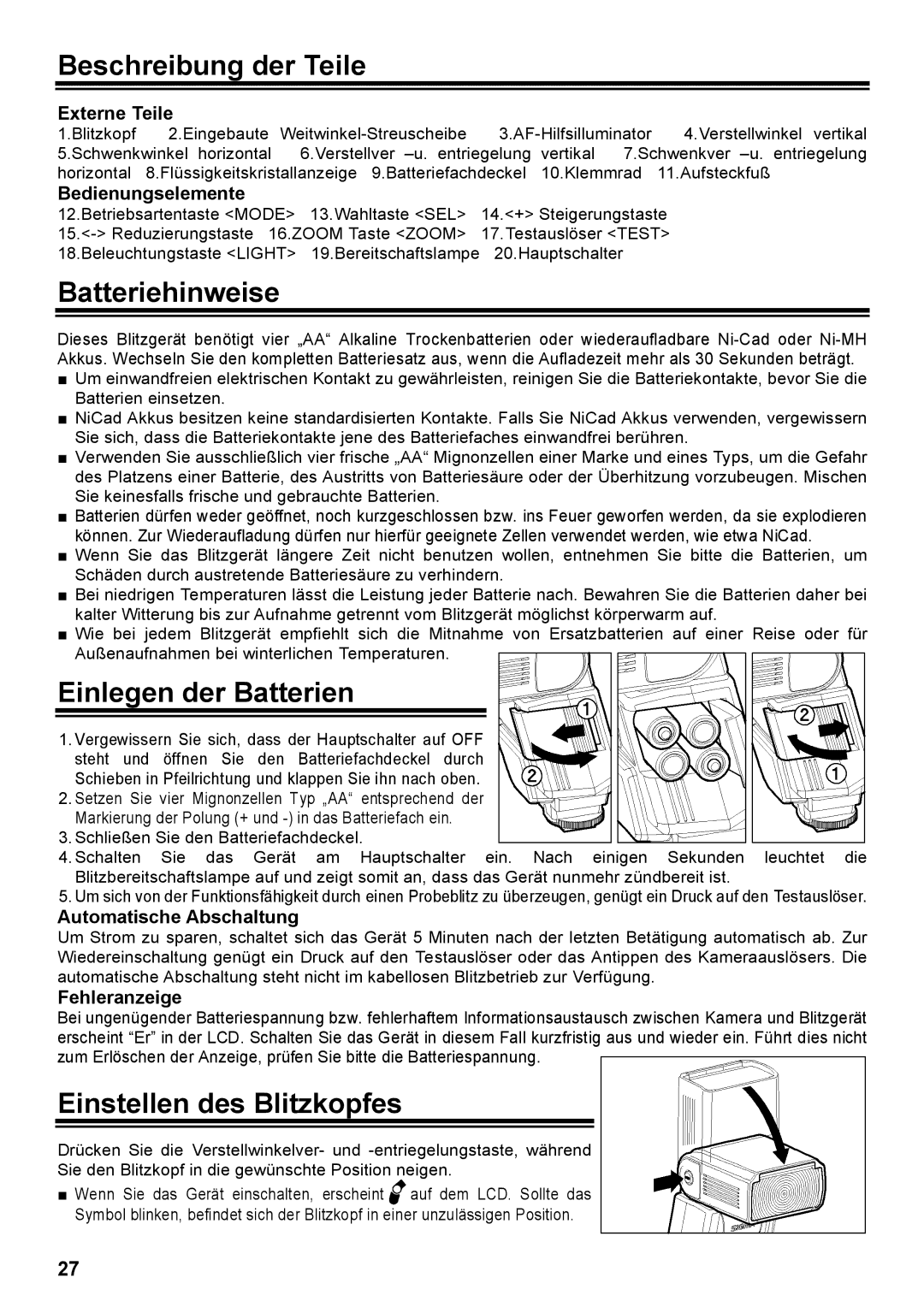 Sigma EF-500 manual Beschreibung der Teile, Batteriehinweise, Einlegen der Batterien, Einstellen des Blitzkopfes 