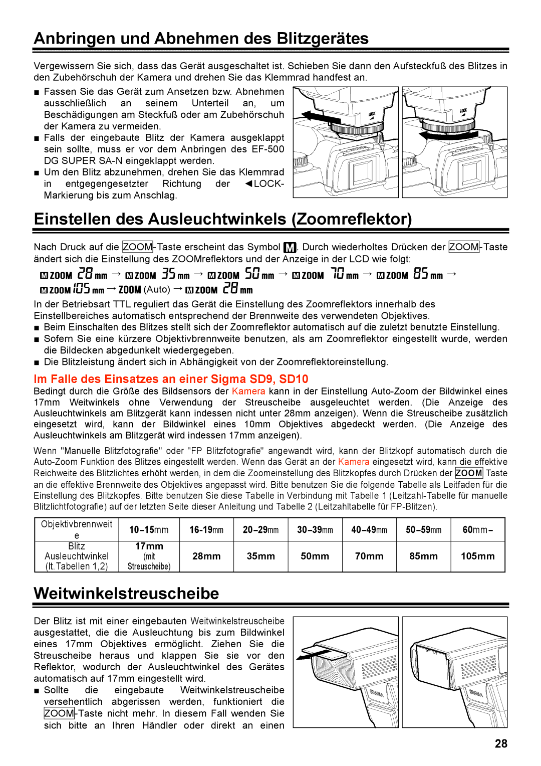 Sigma EF-500 manual Anbringen und Abnehmen des Blitzgerätes, Einstellen des Ausleuchtwinkels Zoomreflektor 