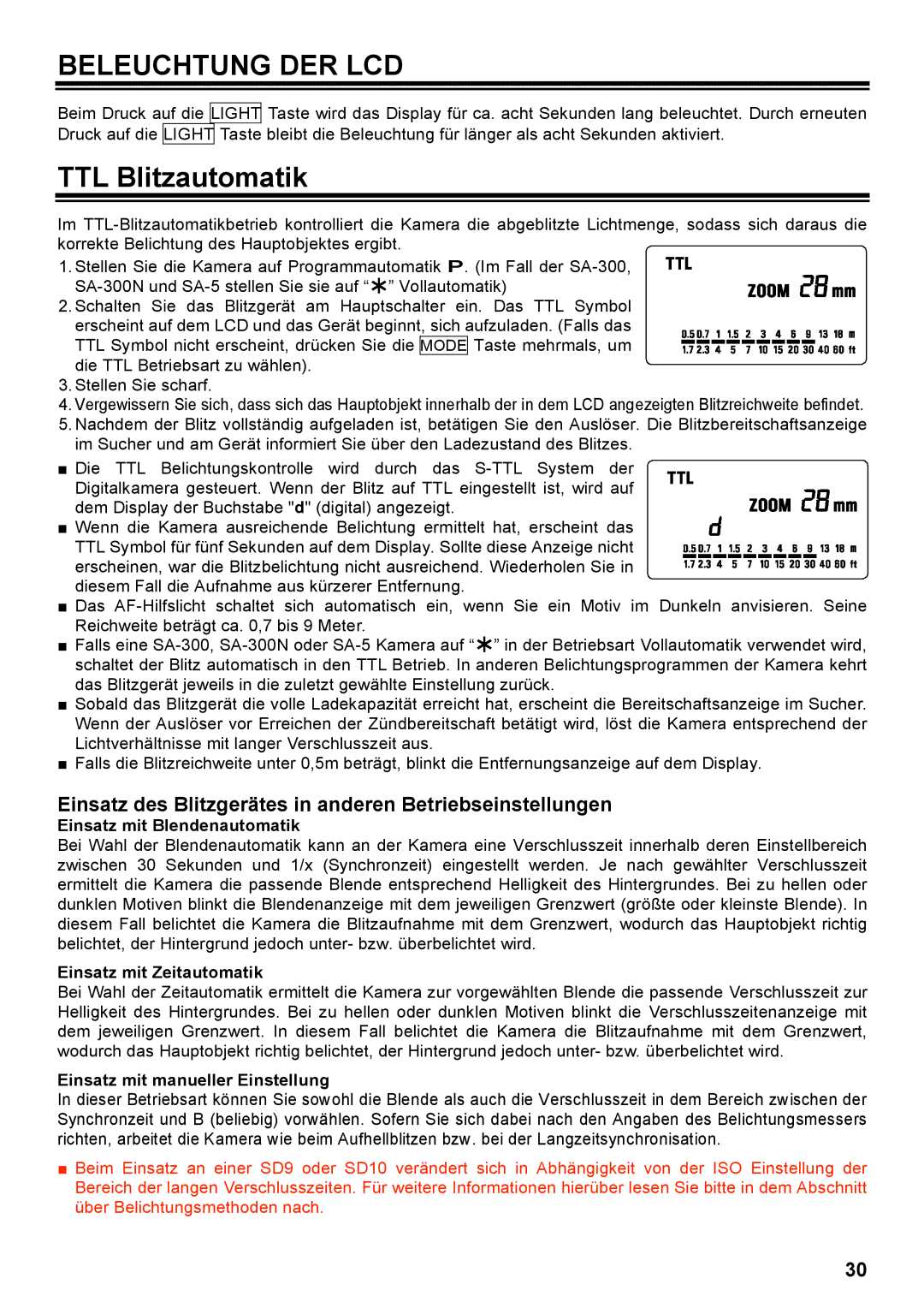 Sigma EF-500 manual Beleuchtung DER LCD, TTL Blitzautomatik 