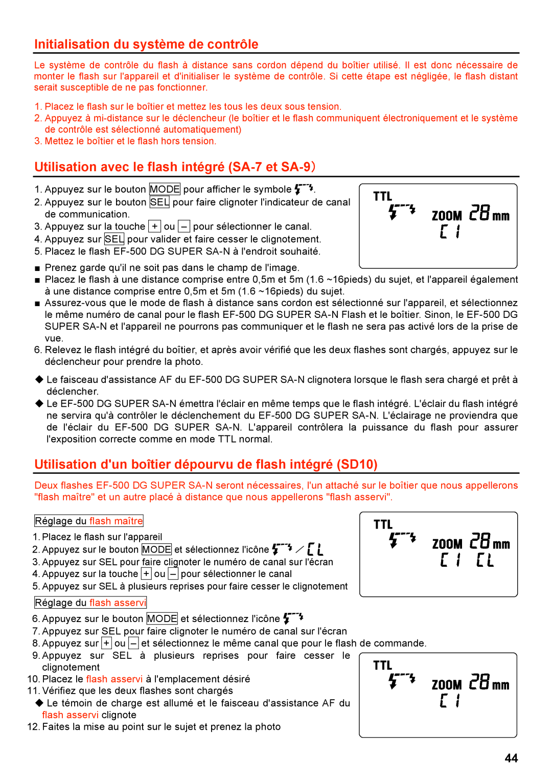 Sigma EF-500 manual Initialisation du système de contrôle, Utilisation avec le flash intégré SA-7 et SA-9䟻 