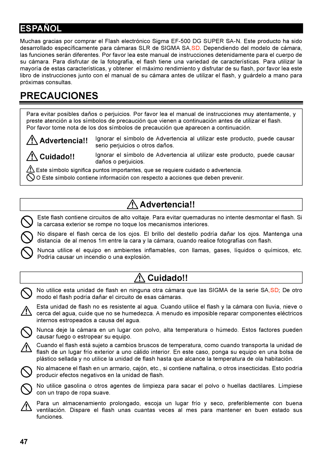 Sigma EF-500 manual Precauciones, Advertencia Cuidado 