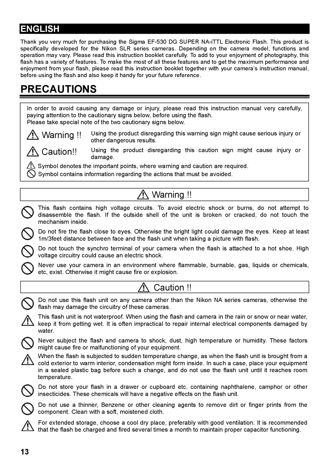 Sigma EF-530 DG instruction manual Precautions 