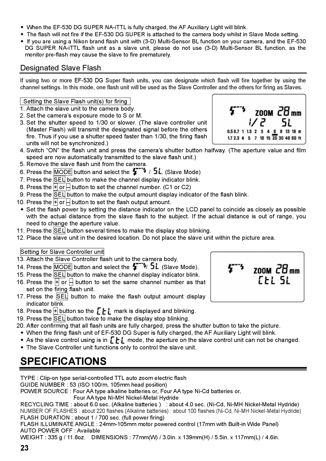 Sigma EF-530 DG instruction manual Specifications, Designated Slave Flash 