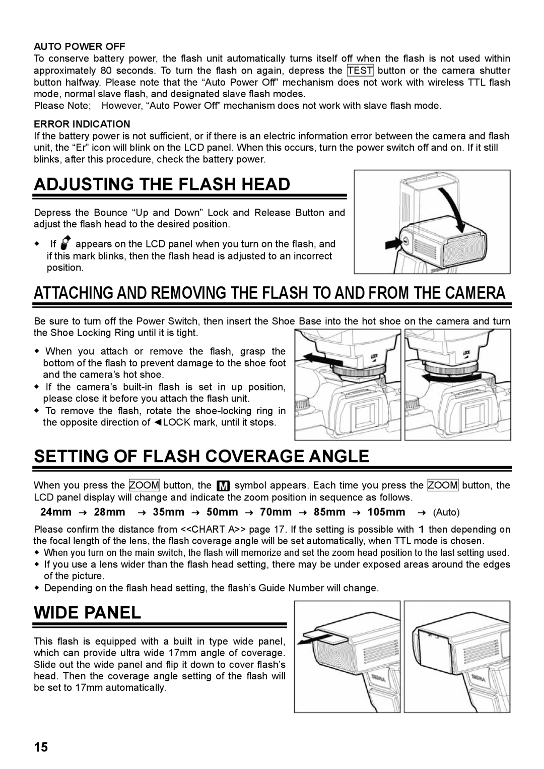 Sigma EF-530 DG instruction manual Adjusting the Flash Head, Setting of Flash Coverage Angle, Wide Panel 