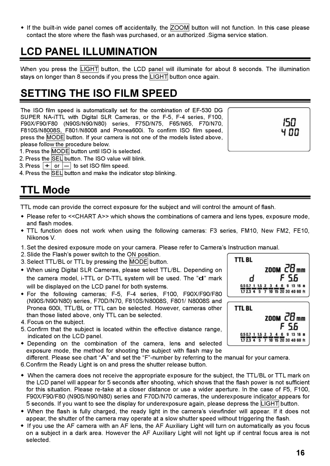 Sigma EF-530 DG instruction manual LCD Panel Illumination, Setting the ISO Film Speed, TTL Mode 