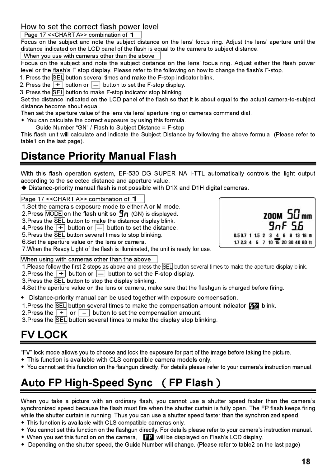 Sigma EF-530 DG instruction manual Distance Priority Manual Flash, FV Lock, Auto FP High-Speed Sync （FP Flash） 