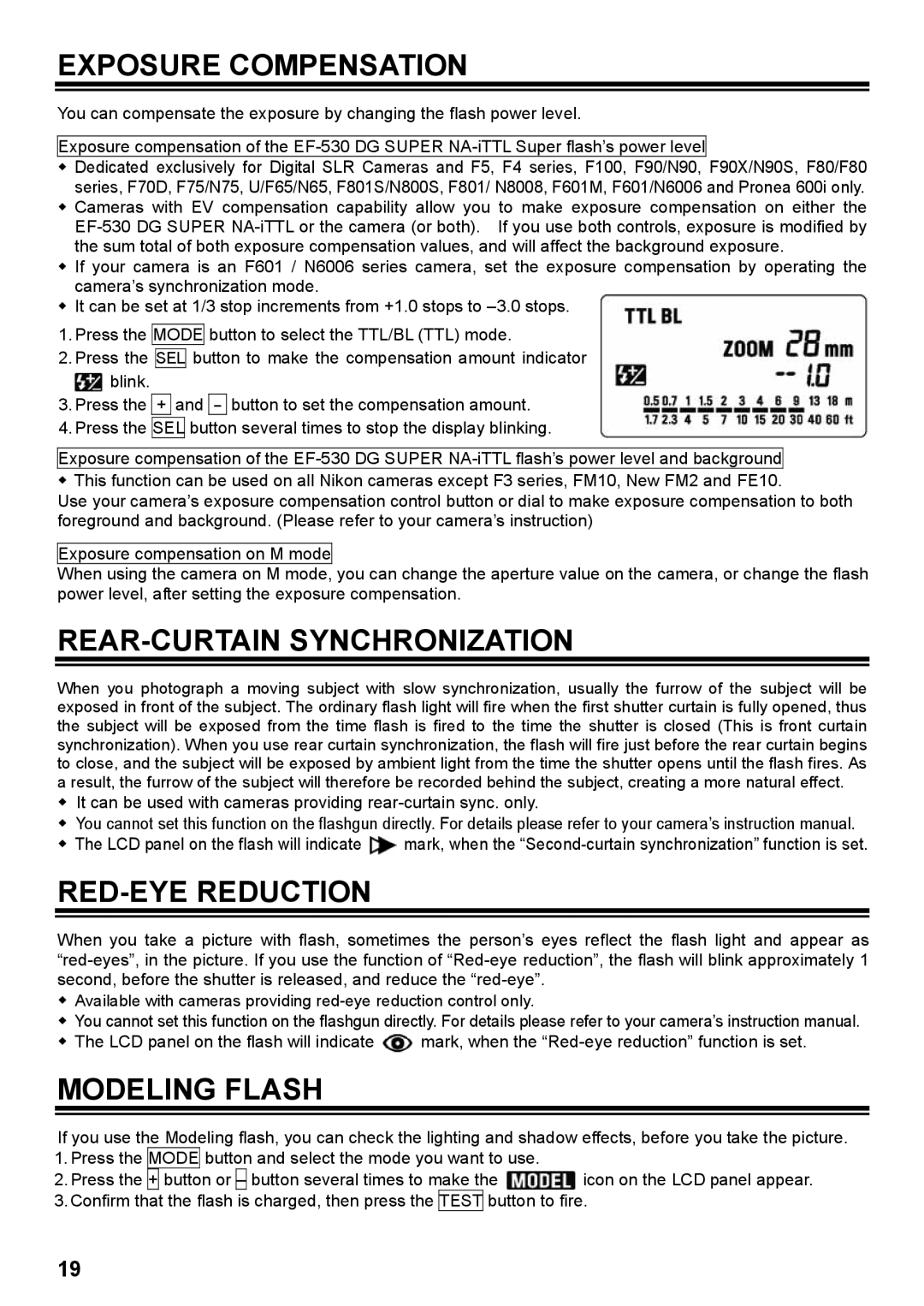 Sigma EF-530 DG instruction manual Exposure Compensation, REAR-CURTAIN Synchronization, RED-EYE Reduction, Modeling Flash 