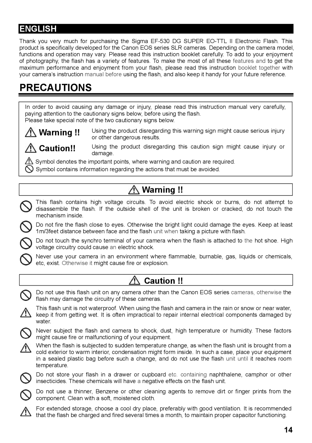 Sigma EF-530 instruction manual Precautions 