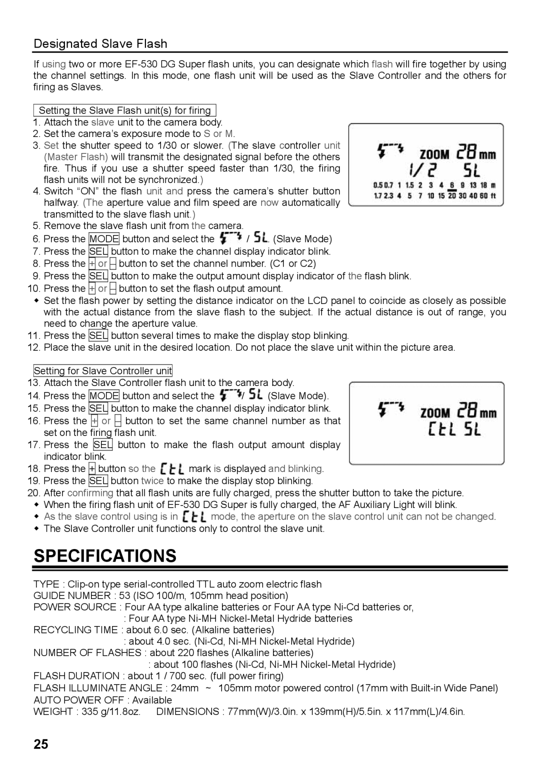 Sigma EF-530 instruction manual Specifications, Designated Slave Flash 