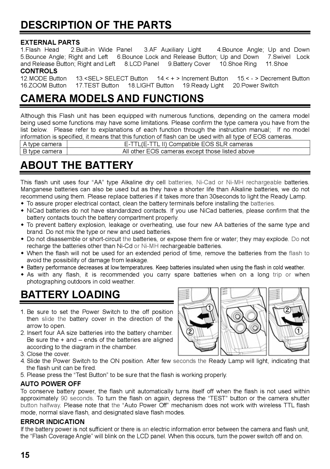 Sigma EF-530 instruction manual Description of the Parts, Camera Models and Functions, About the Battery, Battery Loading 