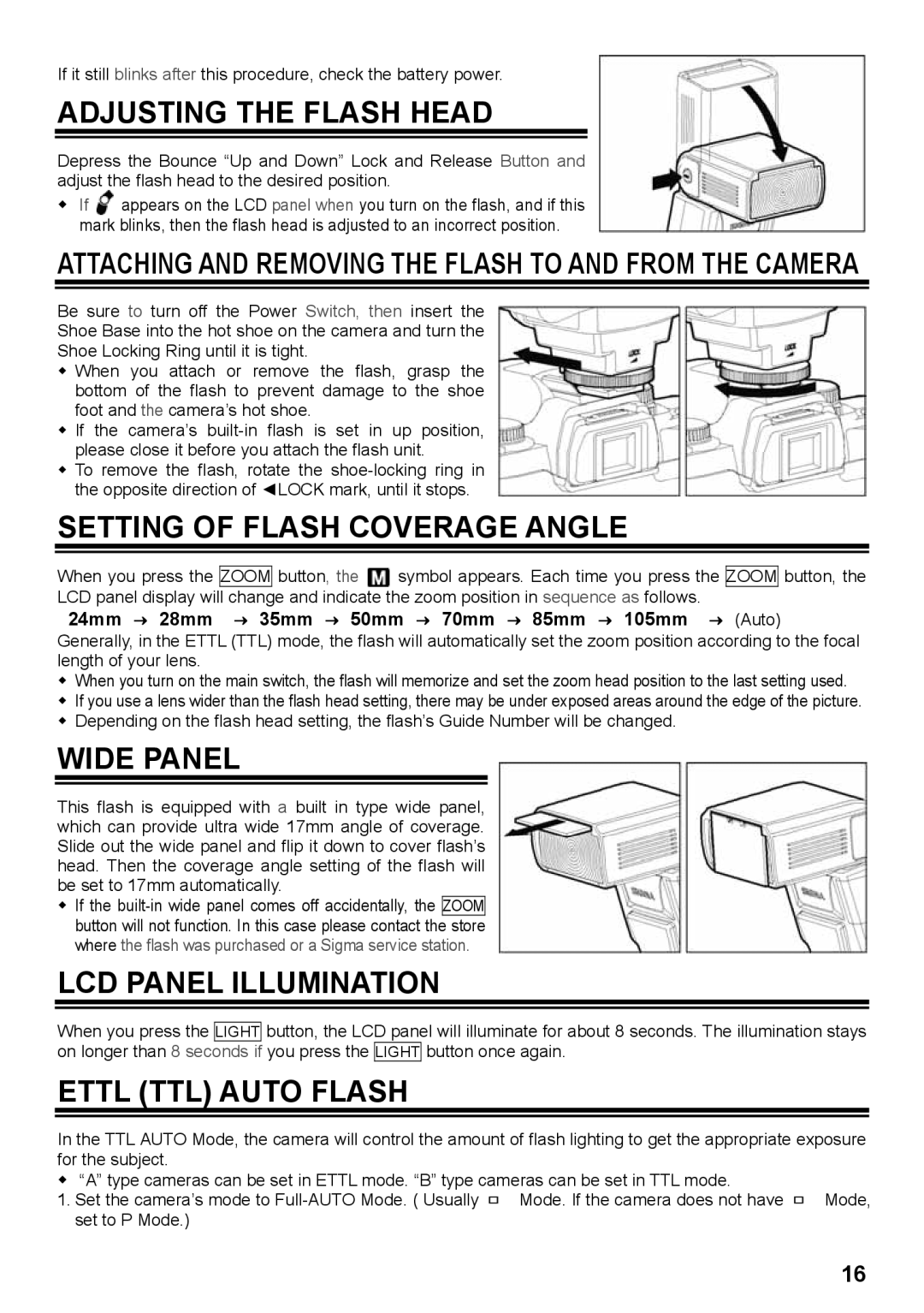 Sigma EF-530 Adjusting the Flash Head, Setting of Flash Coverage Angle, Wide Panel, LCD Panel Illumination 