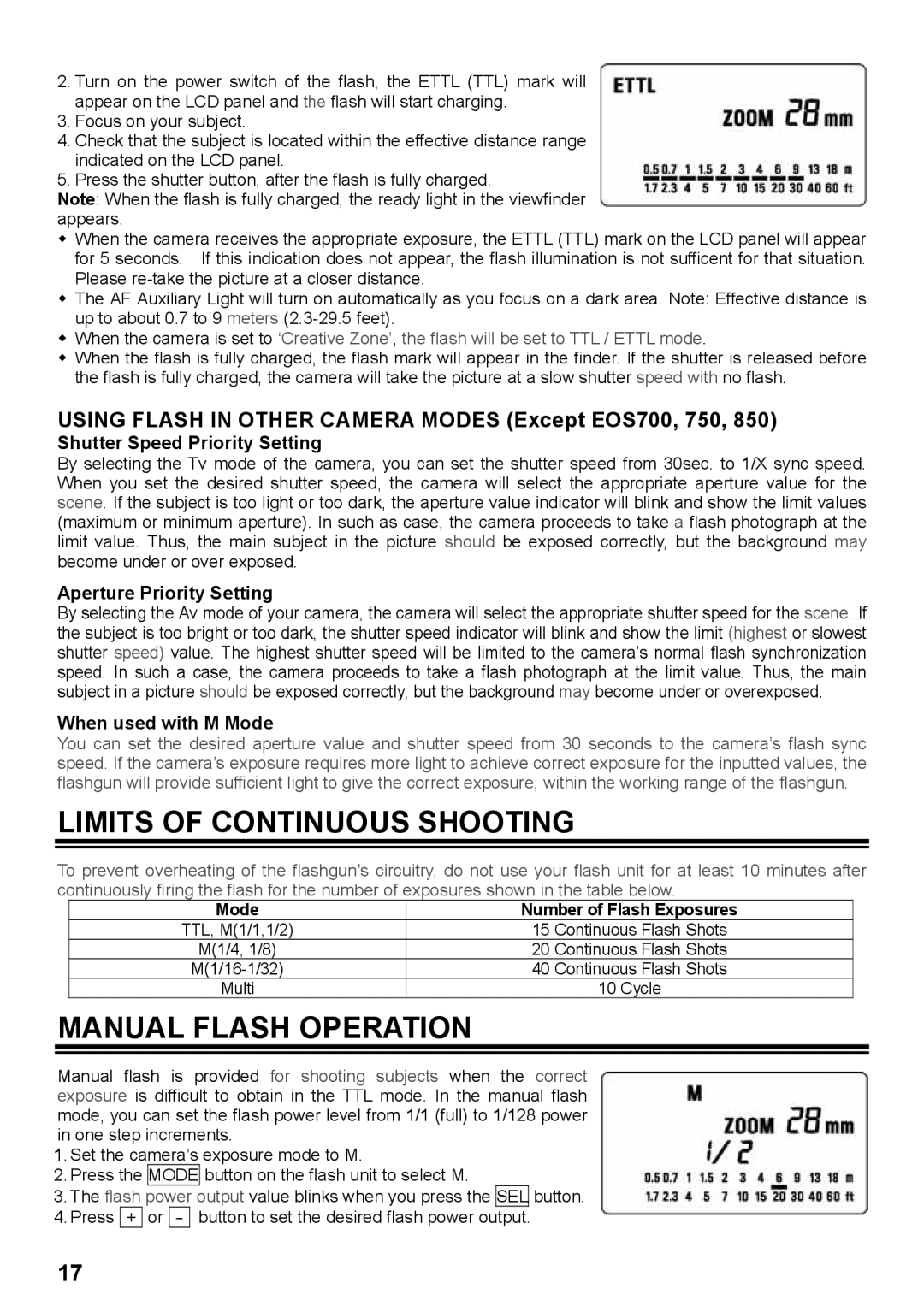 Sigma EF-530 Limits of Continuous Shooting, Manual Flash Operation, Shutter Speed Priority Setting, When used with M Mode 