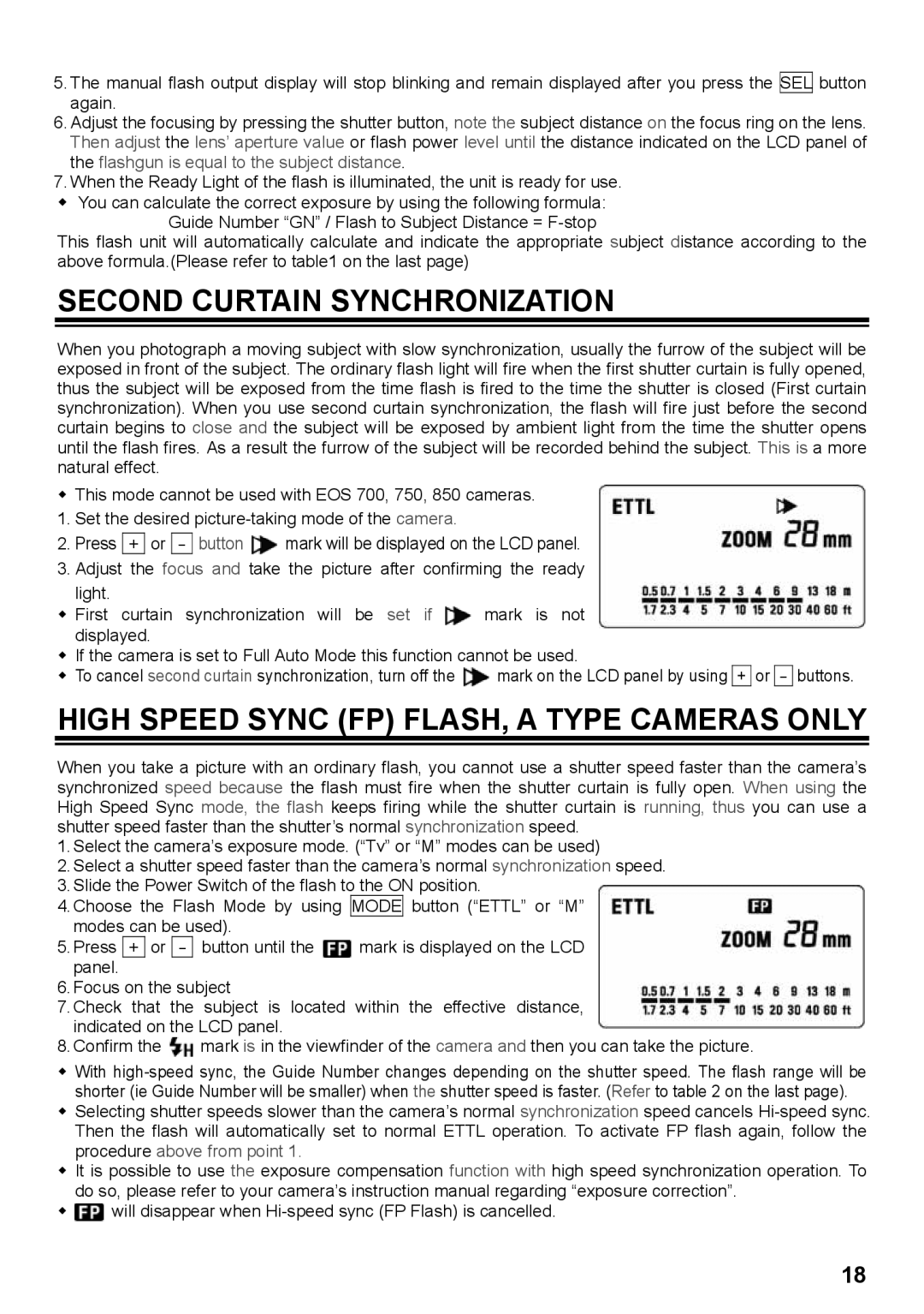 Sigma EF-530 instruction manual Second Curtain Synchronization, High Speed Sync FP FLASH, a Type Cameras only 