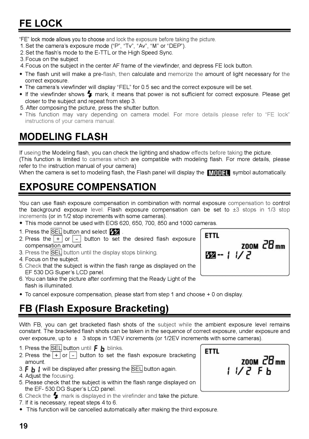 Sigma EF-530 instruction manual FE Lock, Modeling Flash, Exposure Compensation 