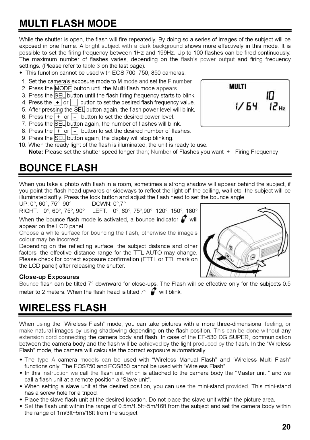 Sigma EF-530 instruction manual Multi Flash Mode, Bounce Flash, Wireless Flash, Close-up Exposures 