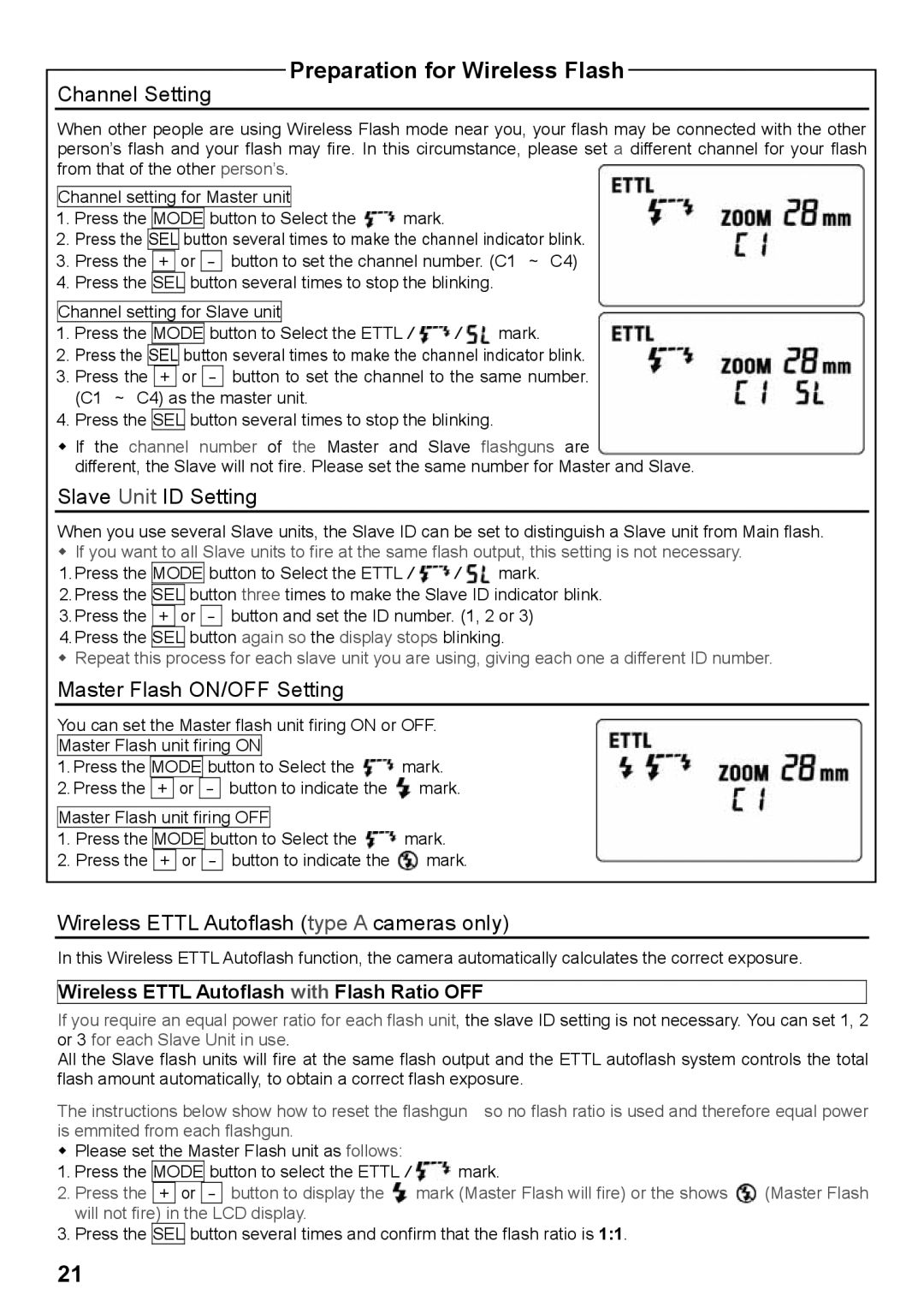 Sigma EF-530 instruction manual Channel Setting, Slave Unit ID Setting, Master Flash ON/OFF Setting 