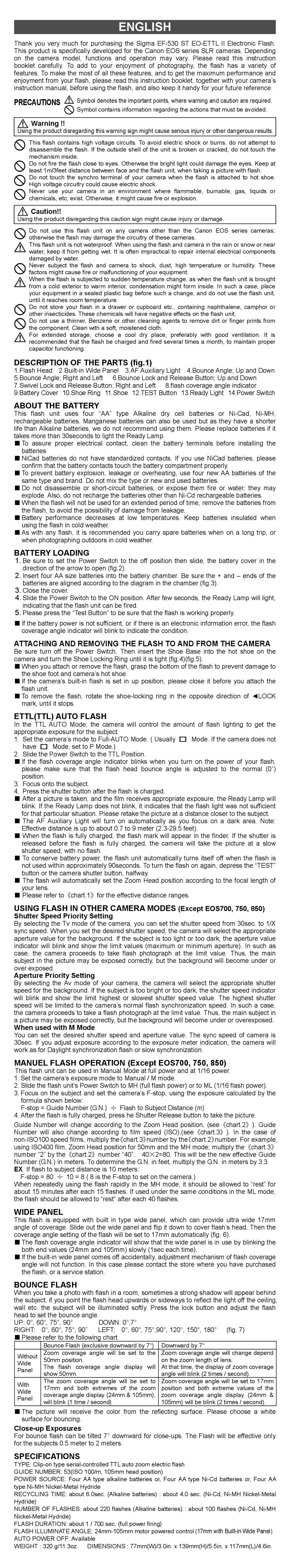 Sigma EF-530DGSTEO-ETTLII Precautions, About the Battery, Battery Loading, Ettlttl Auto Flash, Wide Panel, Bounce Flash 