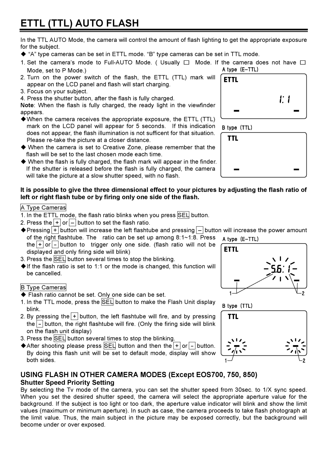 Sigma EM-140 DG manual Ettl TTL Auto Flash, Using Flash in Other Camera Modes Except EOS700, 750 