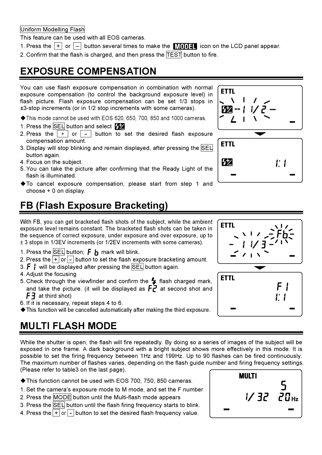 Sigma EM-140 DG manual Exposure Compensation, FB Flash Exposure Bracketing, Multi Flash Mode 