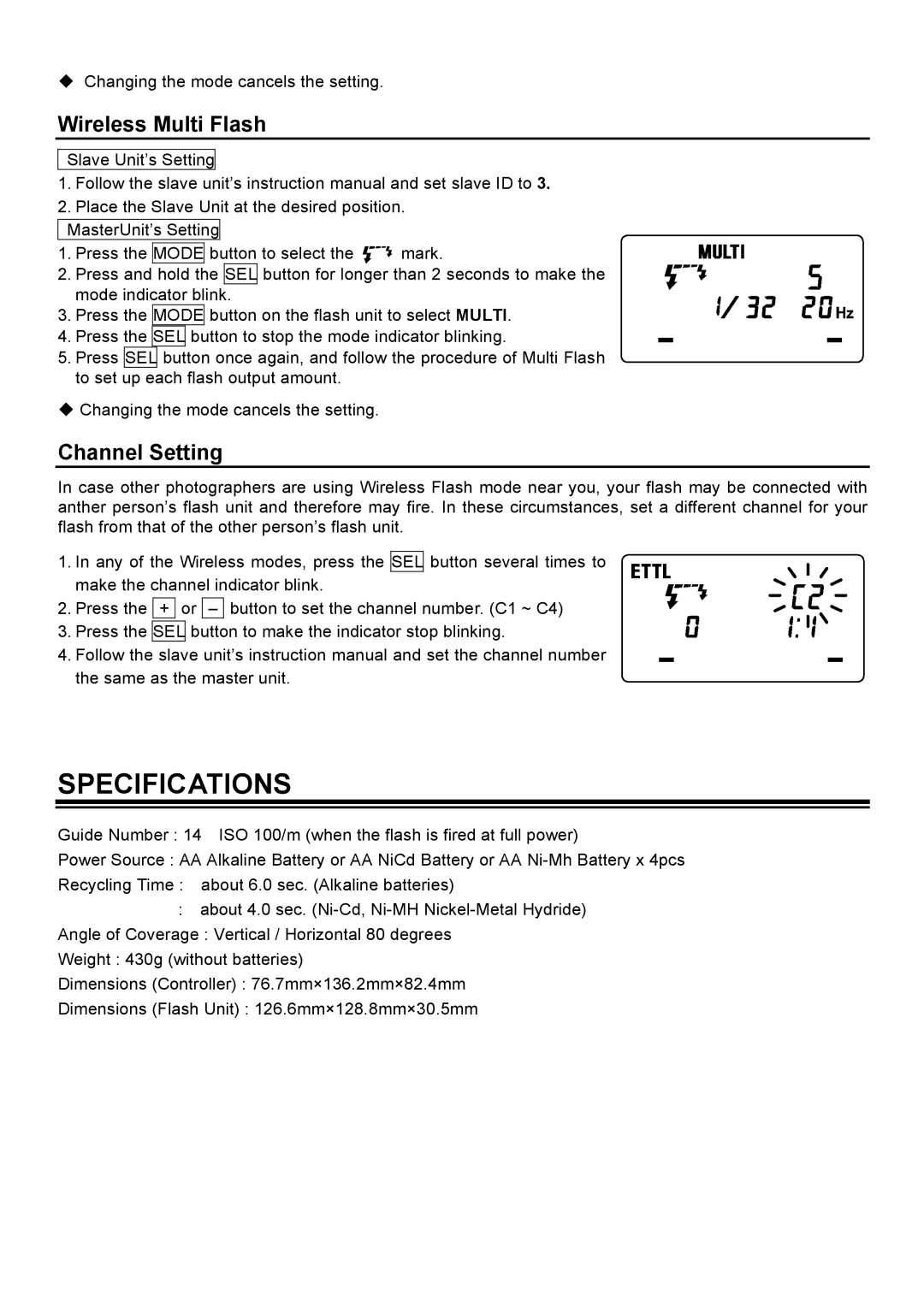 Sigma EM-140 DG manual Specifications, Wireless Multi Flash 