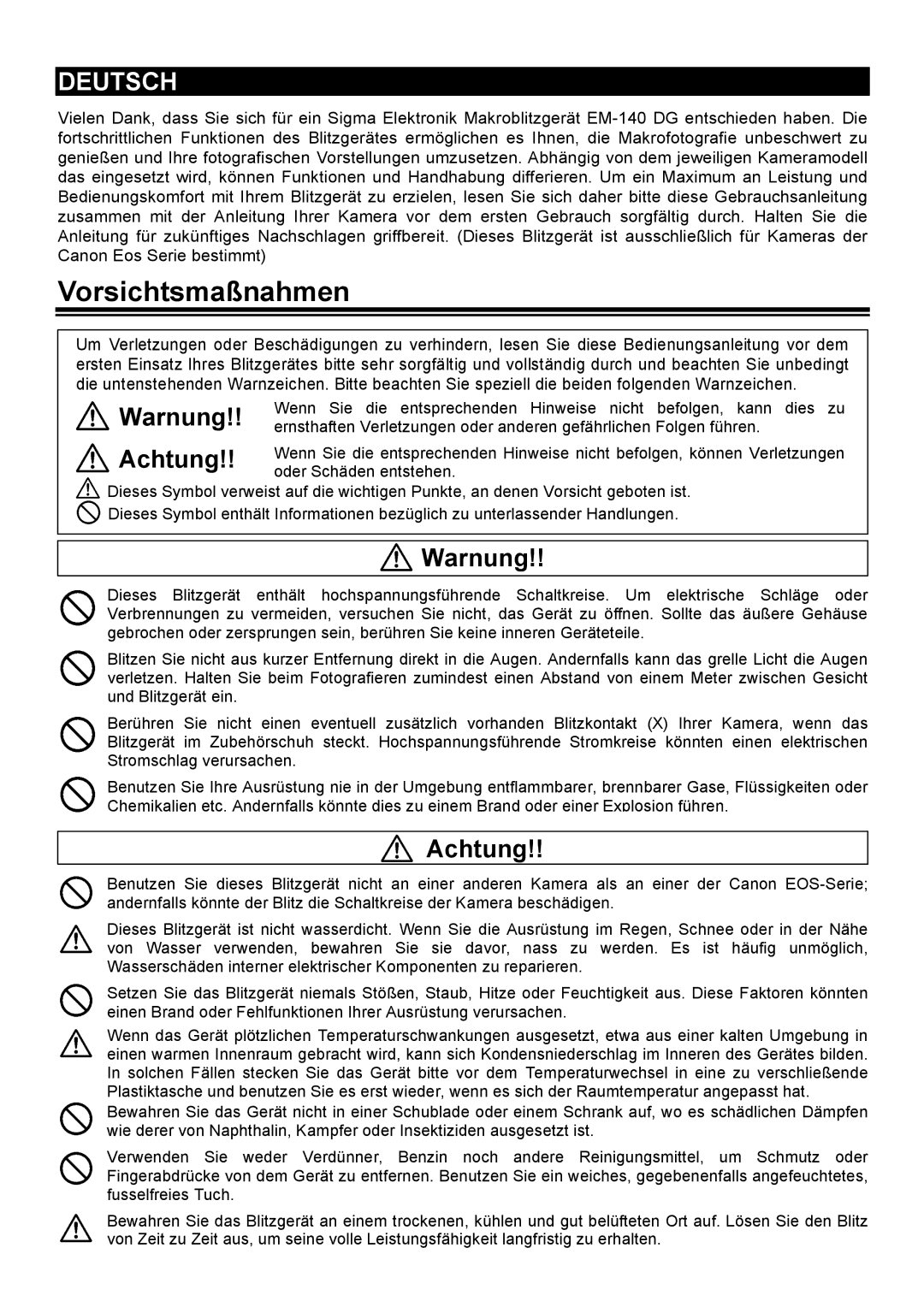 Sigma EM-140 DG manual Vorsichtsmaßnahmen, Deutsch 