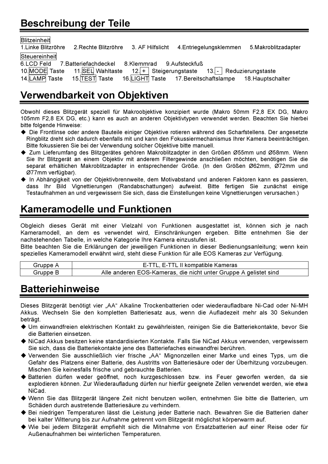 Sigma EM-140 DG Beschreibung der Teile, Verwendbarkeit von Objektiven, Kameramodelle und Funktionen, Batteriehinweise 