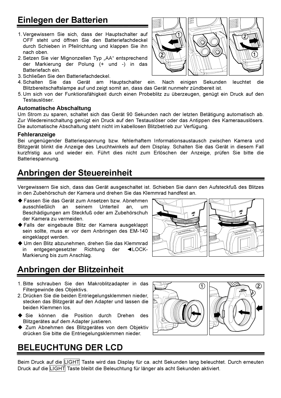 Sigma EM-140 DG manual Einlegen der Batterien, Anbringen der Steuereinheit, Anbringen der Blitzeinheit, Beleuchtung DER LCD 