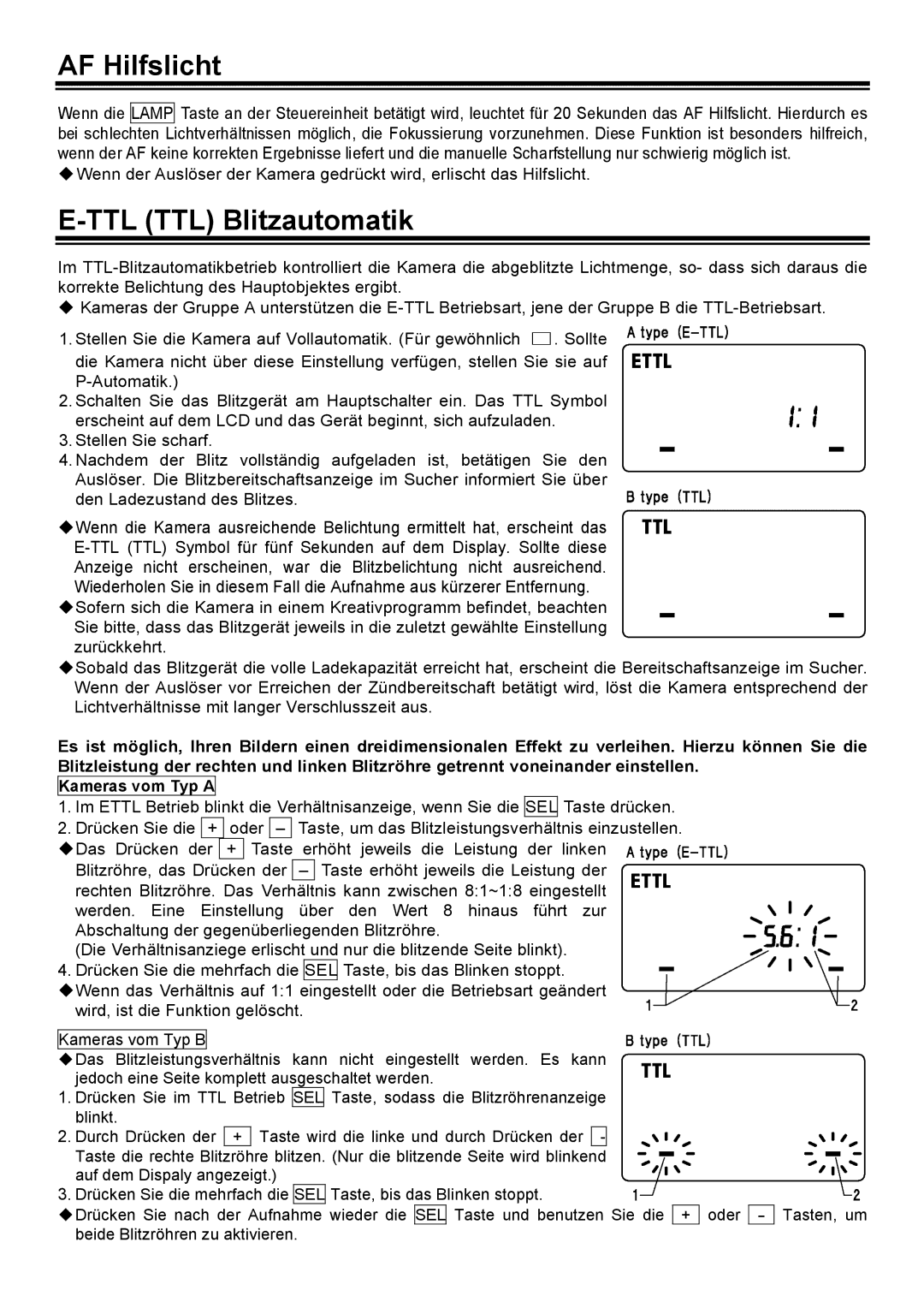 Sigma EM-140 DG manual AF Hilfslicht, TTL TTL Blitzautomatik 