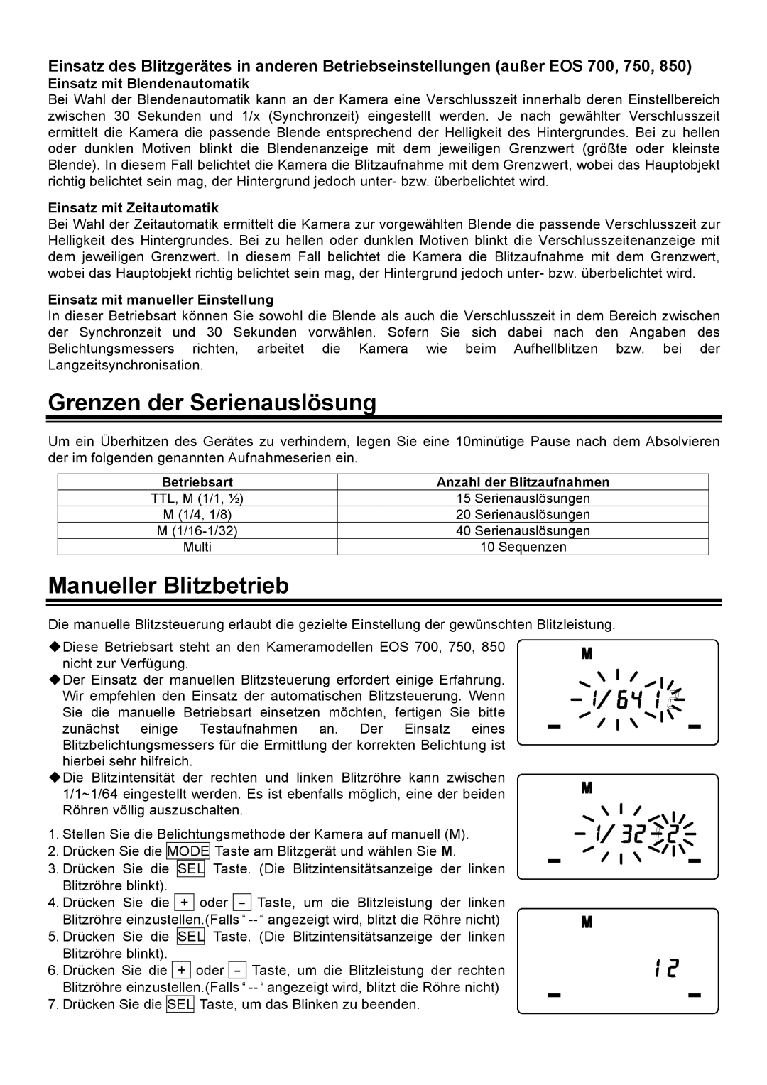 Sigma EM-140 DG manual Grenzen der Serienauslösung, Manueller Blitzbetrieb 