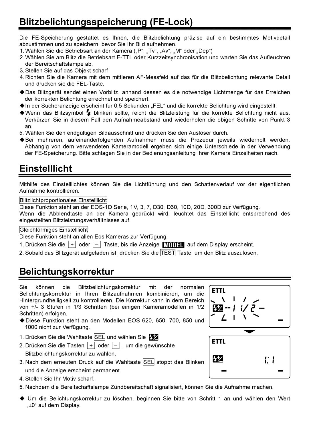 Sigma EM-140 DG manual Blitzbelichtungsspeicherung FE-Lock, Einstelllicht, Belichtungskorrektur 