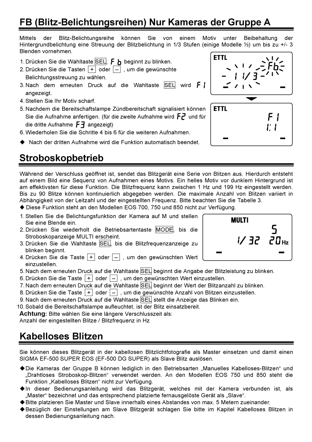Sigma EM-140 DG manual FB Blitz-Belichtungsreihen Nur Kameras der Gruppe a, Stroboskopbetrieb, Kabelloses Blitzen 