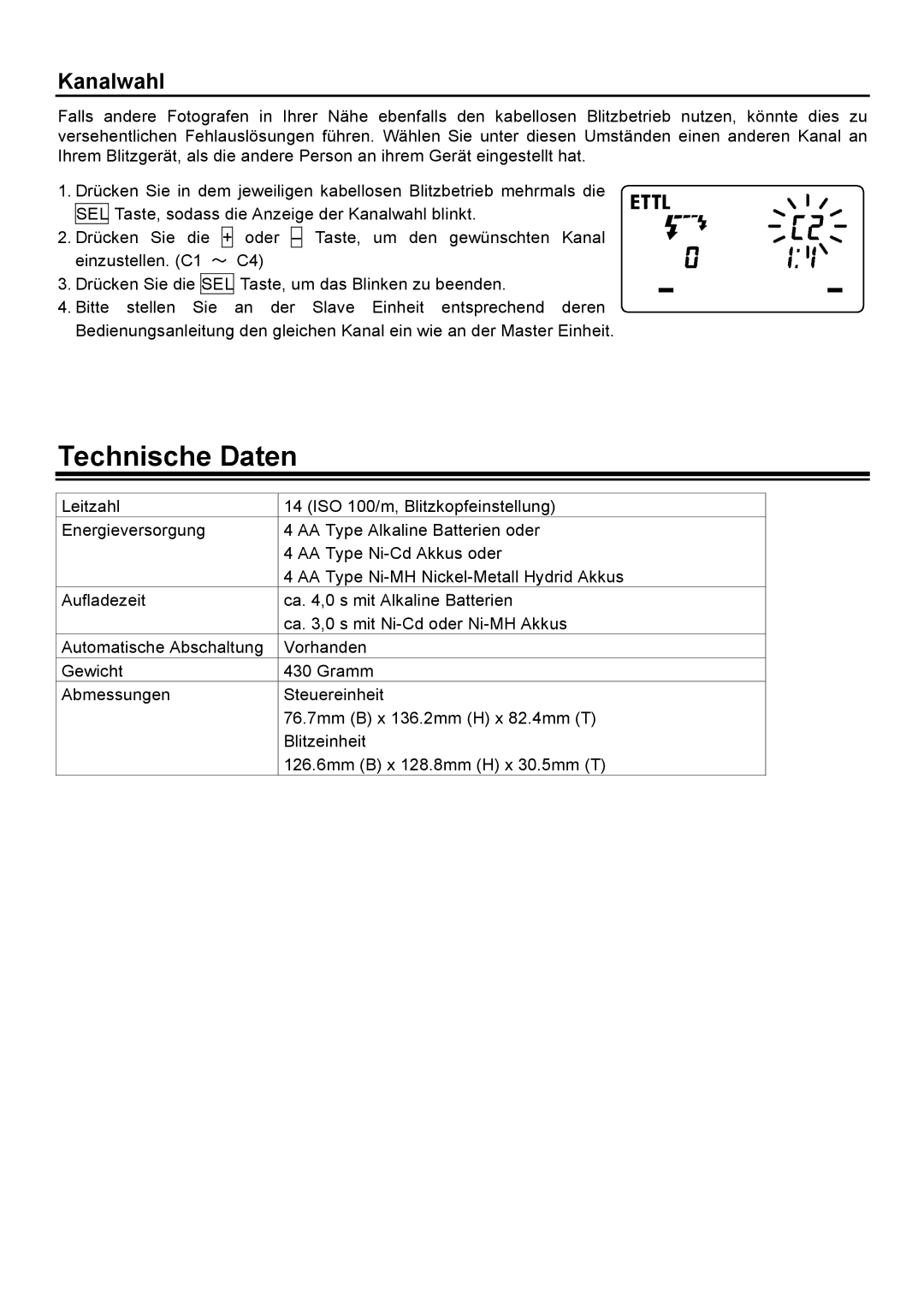 Sigma EM-140 DG manual Technische Daten, Kanalwahl 