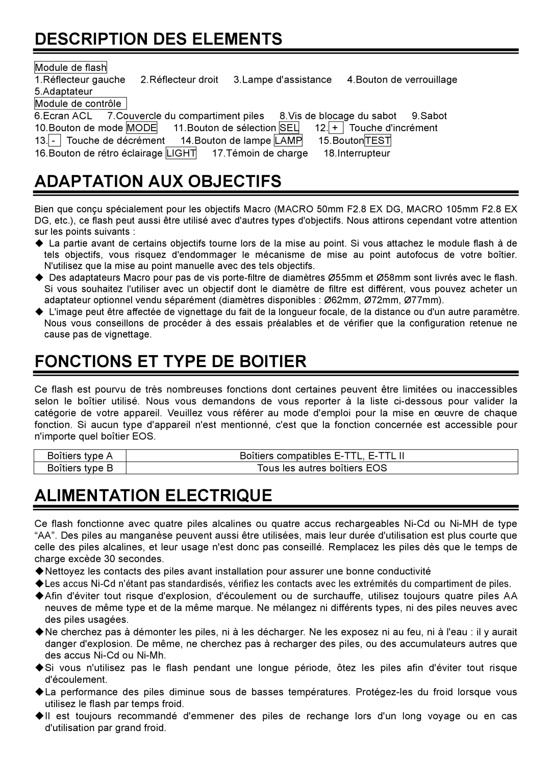 Sigma EM-140 DG Description DES Elements, Adaptation AUX Objectifs, Fonctions ET Type DE Boitier, Alimentation Electrique 