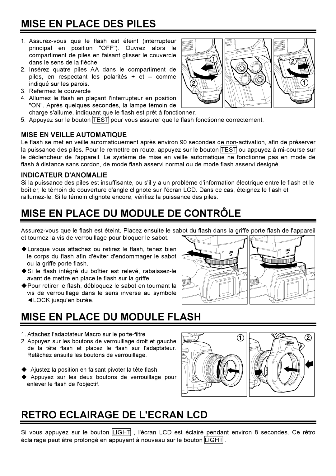 Sigma EM-140 DG manual Mise EN Place DES Piles, Mise EN Place DU Module DE Contrôle, Mise EN Place DU Module Flash 