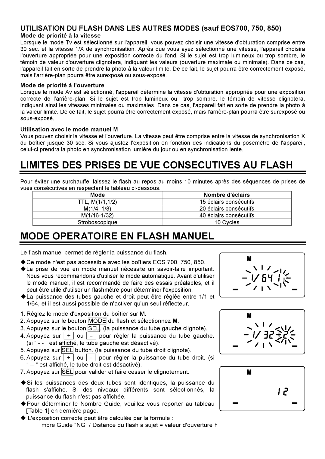 Sigma EM-140 DG manual Limites DES Prises DE VUE Consecutives AU Flash, Mode Operatoire EN Flash Manuel 