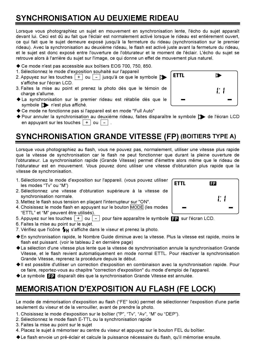 Sigma EM-140 DG manual Synchronisation AU Deuxieme Rideau, Synchronisation Grande Vitesse FP Boitiers Type a 