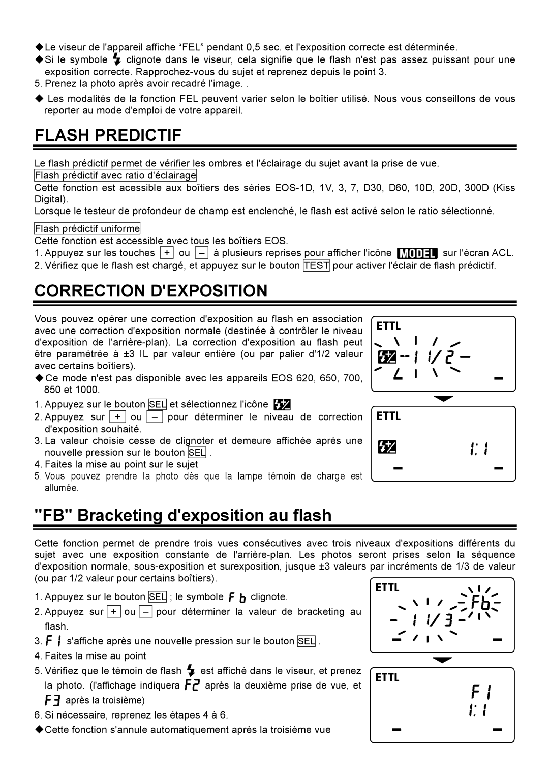 Sigma EM-140 DG manual Flash Predictif, Correction Dexposition, FB Bracketing dexposition au flash 